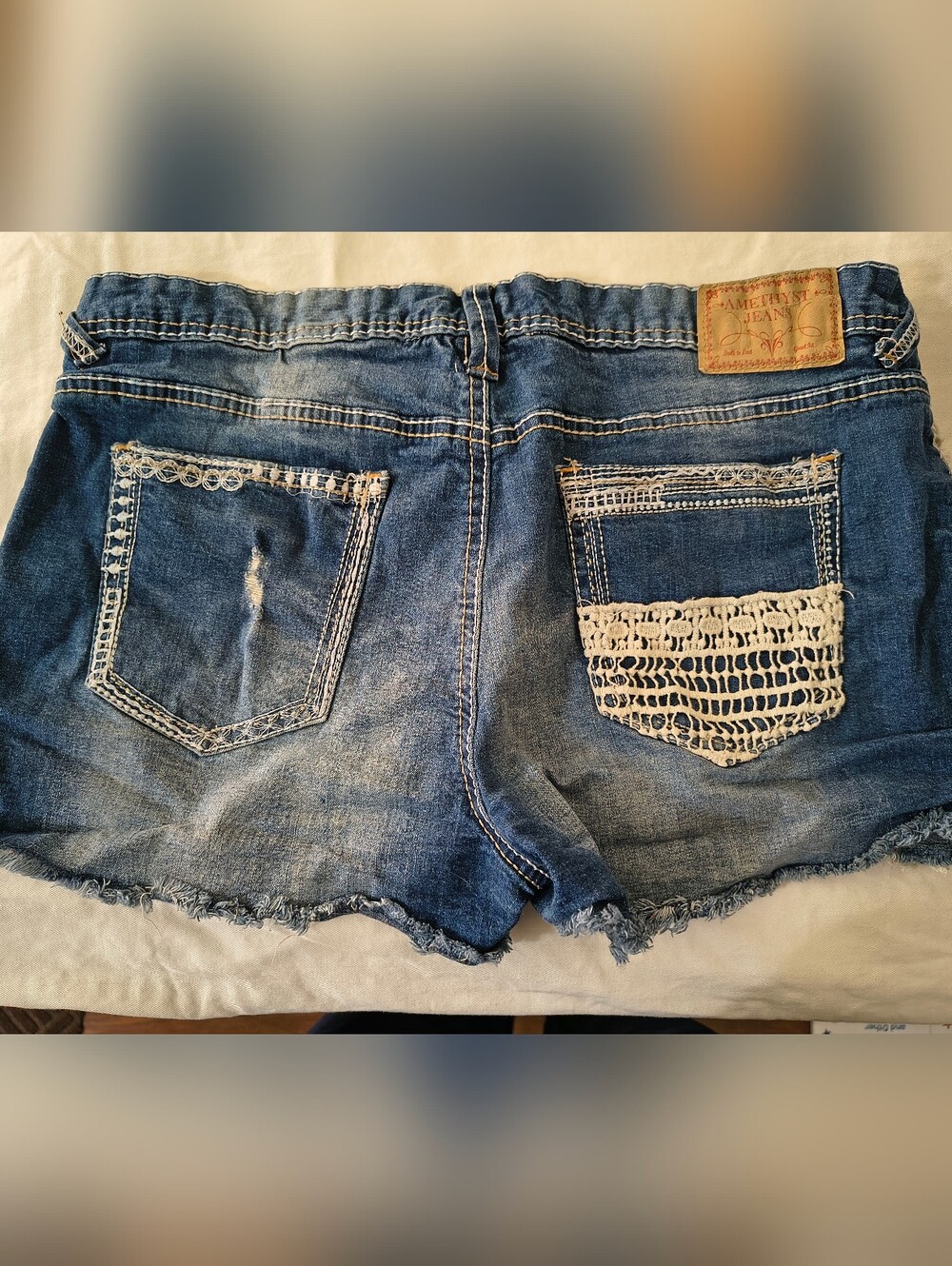 Amethyst Jeans Blue Denim Cutoff Shorts with White Crochet Pocket - Picture 2 of 5